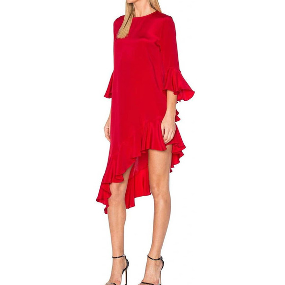 Alexis Hazel Asymmetric Dress Ruffle Trim Bell Sleeve Red M - Picture 2 of 12